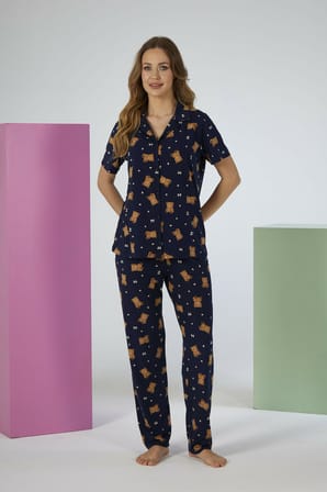 Estiva Kadın Ayıcık Desenli Lacivert Kısa Kollu Önden Düğmeli Soft Pijama Takımı