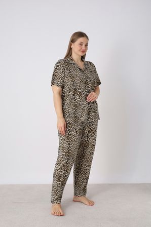 Estiva Kadın Kaplan Desenli Kahverengi Kısa Kollu Önden Düğmeli Soft Battal Pijama Takımı
