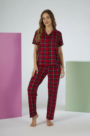 Estiva Kadın Kareli Kırmızı Kısa Kollu Önden Düğmeli Soft Pijama Takımı