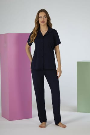 Estiva Kadın Lacivert Kısa Kollu Önden Düğmeli Soft Pijama Takımı