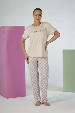 Estiva Kadın Kareli Alt Desenli Kısa Kollu Soft Pijama Takımı