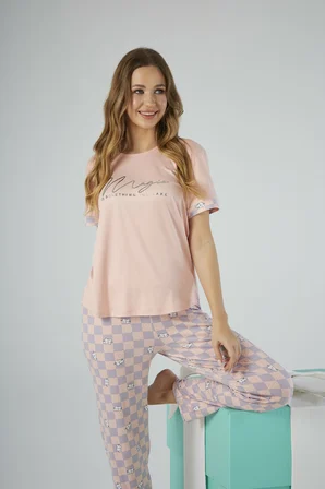 Estiva Kadın Kareli Alt Desenli Kısa Kollu Soft Pijama Takımı