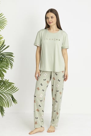 Estiva Kadın Ayıcık Alt Desenli Kısa Kollu Soft Pijama Takımı