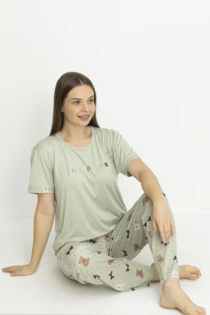 Estiva Kadın Ayıcık Alt Desenli Kısa Kollu Soft Pijama Takımı
