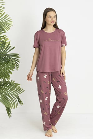 Estiva Kadın Ayıcık Alt Desenli Kısa Kollu Soft Pijama Takımı