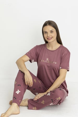 Estiva Kadın Ayıcık Alt Desenli Kısa Kollu Soft Pijama Takımı