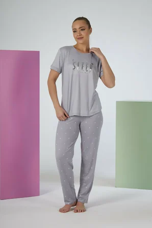 Estiva Kadın Puantiye Alt Desenli Kısa Kollu Soft Pijama Takımı