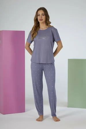 Estiva Kadın Puantiye Alt Desenli Kısa Kollu Soft Pijama Takımı