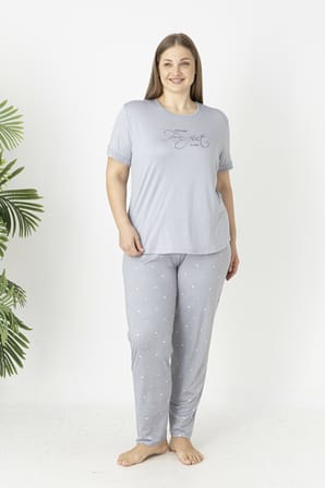 Estiva Kadın Puantiye Alt Desenli Kısa Kollu Soft Battal Pijama Takımı