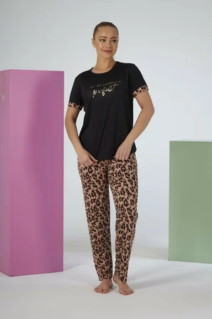 Estiva Kadın Kaplan Alt Desenli Kısa Kollu Soft Pijama Takımı