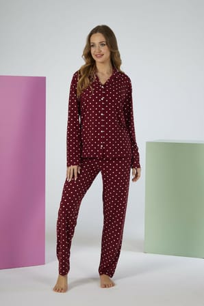 Estiva Kadın Puantiyeli Bordo Önden Düğmeli Soft Pijama Takımı