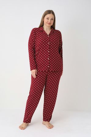 Estiva Kadın Puantiyeli Bordo Önden Düğmeli Soft Battal Pijama Takımı
