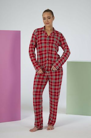 Estiva Kadın Kareli Kırmızı Önden Düğmeli Soft Pijama Takımı