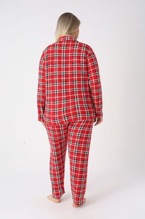 Estiva Kadın Kareli Kırmızı Önden Düğmeli Soft Battal Pijama Takımı