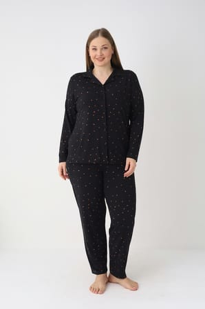 Estiva Kadın Puantiyeli Siyah Önden Düğmeli Soft Battal Pijama Takımı