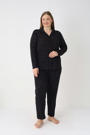 Estiva Kadın Puantiyeli Siyah Önden Düğmeli Soft Battal Pijama Takımı
