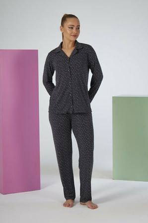 Estiva Kadın Yıldız Desenli Lacivert Önden Düğmeli Soft Pijama Takımı