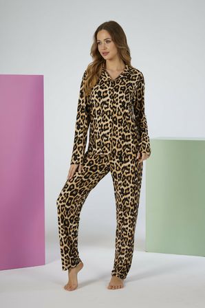Estiva Kadın Kaplan Desenli Kahverengi Önden Düğmeli Soft Pijama Takımı