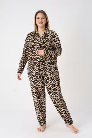 Estiva Kadın Kaplan Desenli Kahverengi Önden Düğmeli Soft Battal Pijama Takımı