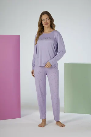 Estiva Kadın Yıldız Alt Desenli Lila Soft Uzun Kollu Pijama Takımı