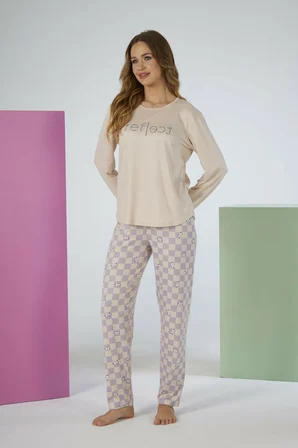 Estiva Kadın Kareli Alt Desenli Soft Uzun Kollu Pijama Takımı