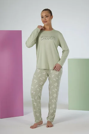 Estiva Kadın Yaprak Alt Desenli Soft Uzun Kollu Pijama Takımı