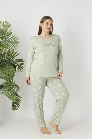 Estiva Kadın Yaprak Alt Desenli Soft Uzun Kollu Battal Pijama Takımı