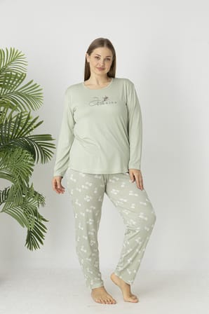 Estiva Kadın Yaprak Alt Desenli Soft Uzun Kollu Battal Pijama Takımı