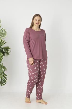 Estiva Kadın Yaprak Alt Desenli Soft Uzun Kollu Battal Pijama Takımı