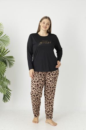 Estiva Kadın Kaplan Alt Desenli Soft Uzun Kollu Battal Pijama Takımı
