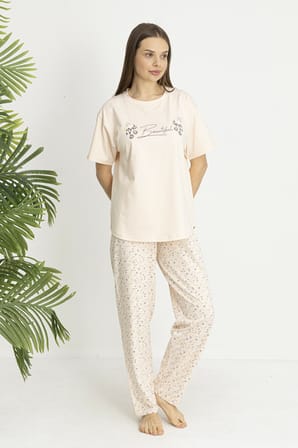 Estiva Kadın Flora Alt Desenli Somon Penye Lycra Kısa Kollu Pijama Takımı