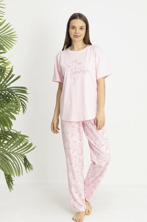 Estiva Kadın Flora Alt Desenli Pembe Penye Lycra Kısa Kollu Pijama Takımı