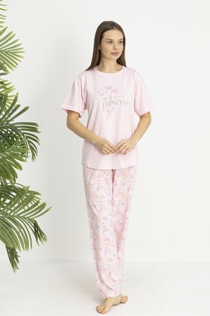 Estiva Kadın Flora Alt Desenli Pembe Penye Lycra Kısa Kollu Pijama Takımı