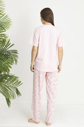 Estiva Kadın Flora Alt Desenli Pembe Penye Lycra Kısa Kollu Pijama Takımı