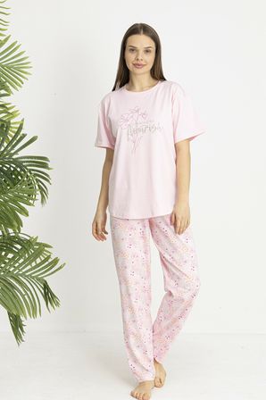Estiva Kadın Flora Alt Desenli Pembe Penye Lycra Kısa Kollu Pijama Takımı