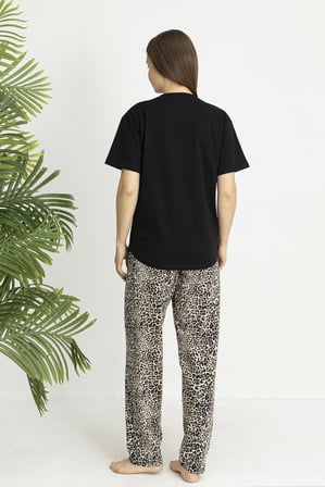 Estiva Kadın Kaplan Alt Desenli Siyah Penye Lycra Kısa Kollu Pijama Takımı