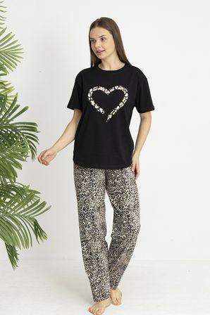 Estiva Kadın Kaplan Alt Desenli Siyah Penye Lycra Kısa Kollu Pijama Takımı