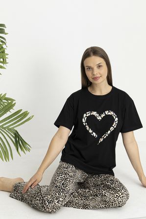 Estiva Kadın Kaplan Alt Desenli Siyah Penye Lycra Kısa Kollu Pijama Takımı
