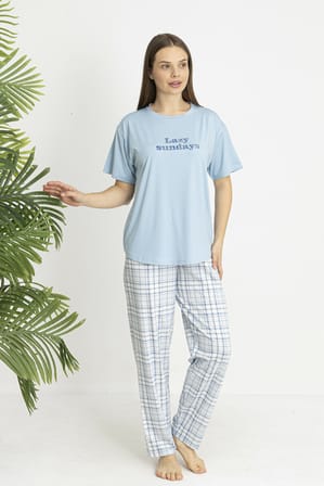 Estiva Kadın Kareli Alt Desenli Mavi Penye Lycra Kısa Kollu Pijama Takımı