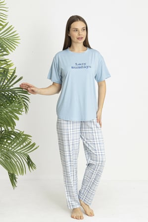 Estiva Kadın Kareli Alt Desenli Mavi Penye Lycra Kısa Kollu Pijama Takımı