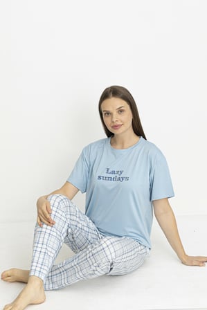 Estiva Kadın Kareli Alt Desenli Mavi Penye Lycra Kısa Kollu Pijama Takımı