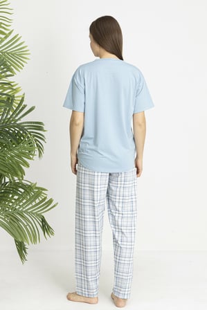 Estiva Kadın Kareli Alt Desenli Mavi Penye Lycra Kısa Kollu Pijama Takımı