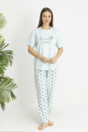 Estiva Kadın Koala Alt Desenli Yeşil Penye Lycra Kısa Kollu Pijama Takımı
