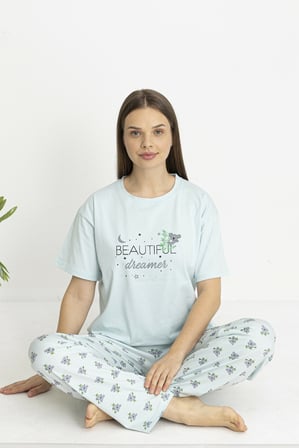 Estiva Kadın Koala Alt Desenli Yeşil Penye Lycra Kısa Kollu Pijama Takımı