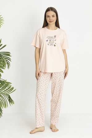 Estiva Kadın Kalp Alt Desenli Somon Penye Lycra Kısa Kollu Pijama Takımı