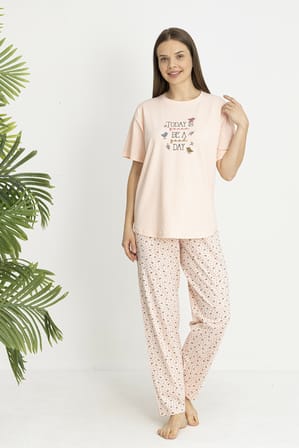 Estiva Kadın Kalp Alt Desenli Somon Penye Lycra Kısa Kollu Pijama Takımı