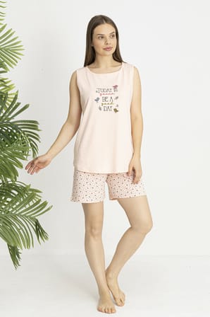Estiva Kadın Kalp Alt Desenli Somon Kolsuz Şortlu Penye Lycra Pijama Takımı