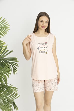 Estiva Kadın Kalp Alt Desenli Somon Kolsuz Şortlu Penye Lycra Pijama Takımı