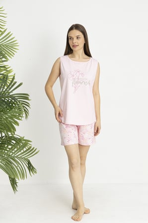 Estiva Kadın Çiçek Alt Desenli Pembe Kolsuz Şortlu Penye Lycra Pijama Takımı