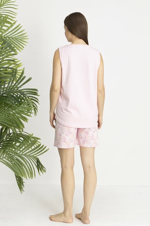 Estiva Kadın Çiçek Alt Desenli Pembe Kolsuz Şortlu Penye Lycra Pijama Takımı